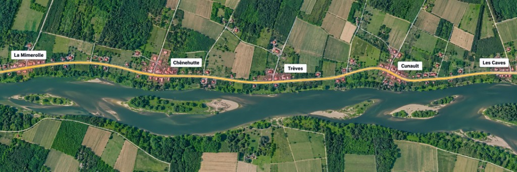 Vue aérienne de la Loire : La Mimerolle, Chênehutte, Trèves, Cunault et Les Caves